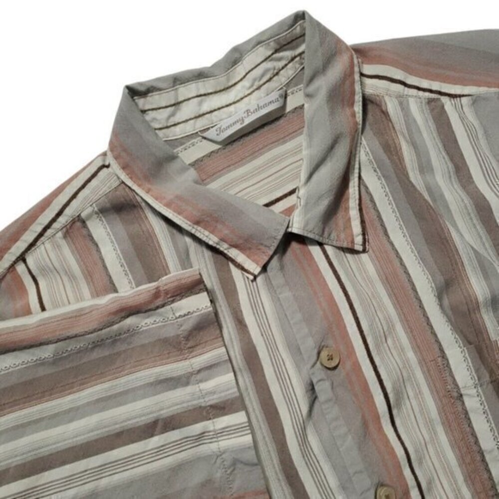 Tommy Bahama Men's XL / X-Large Brown & Beige Striped 100% Silk Button Up Shirt